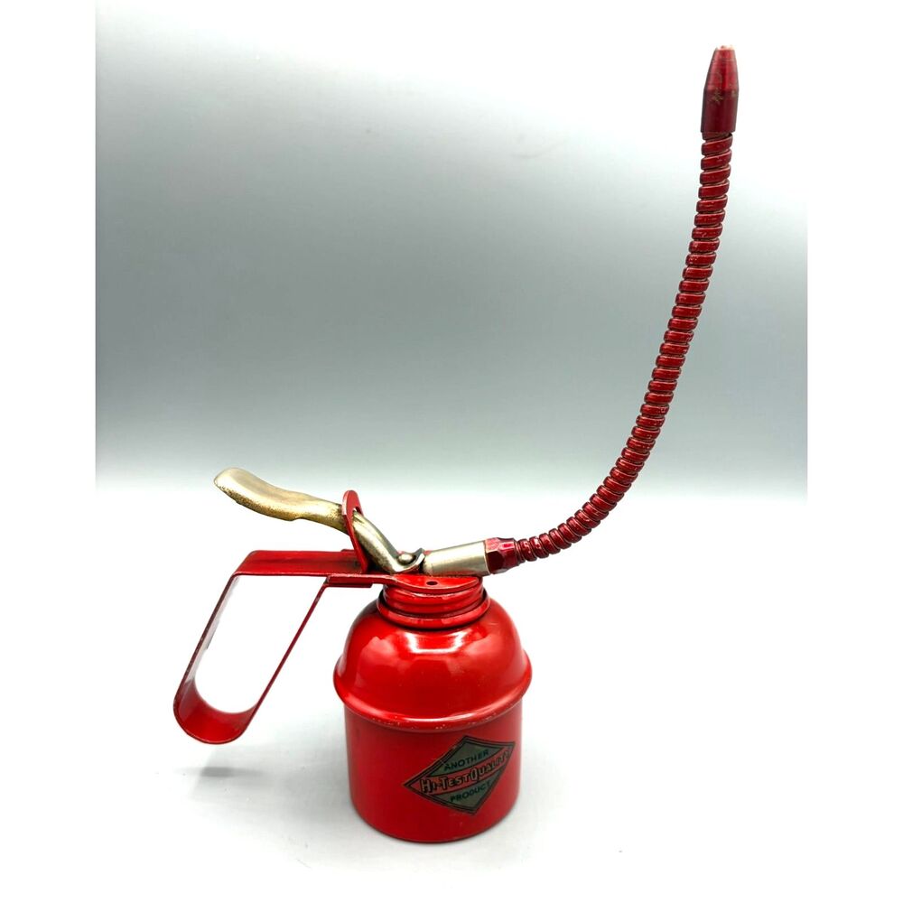 Vintage Hi-Test Quality Red Oiler Oil Can Thumb Pump Made in Italy Brevatato